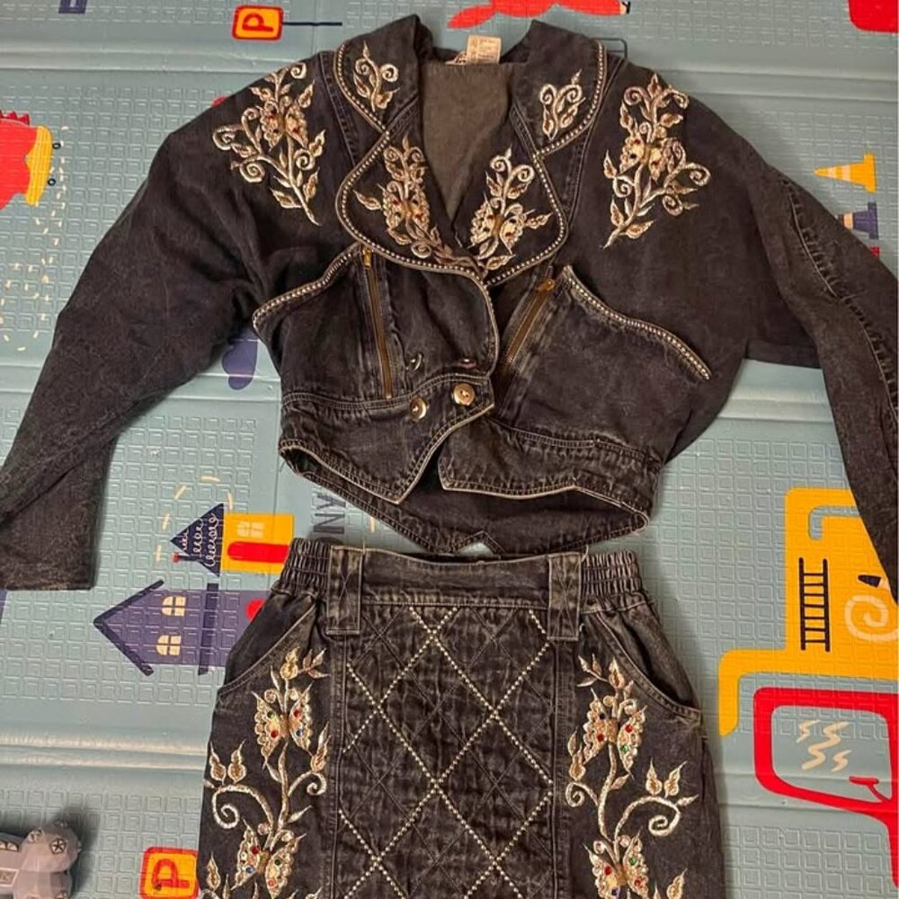 80s Kokomo Denim Sequined Butterfly Jacket&Skirt Matching Combo Western Vintage!